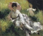 Pierre Renoir Woman with a Parasol and Small Child on a Sunlit Hillside oil painting on canvas
